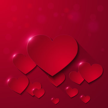 Valentine's day greeting card with paper hearts on red background, vector illustration