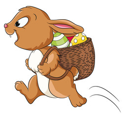 Naklejka premium Vektor Illustration eines niedlichen Häschens mit einem Korb voller Ostereier