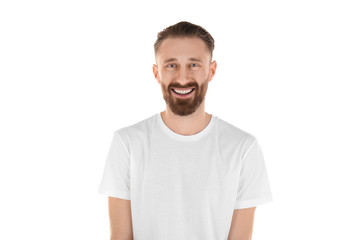 Young handsome man in blank T-shirt isolated on white