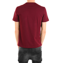 Closeup of man in claret red T-shirt isolated on white