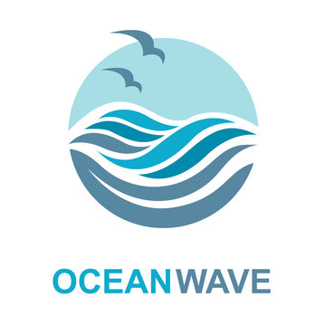 Abstract design of ocean logo with waves and seagulls. Vector illustration
