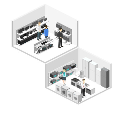 Isometric flat 3D interior household equipment store, computer shop