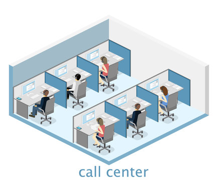 Isometric flat 3D interior call center. Customer support.