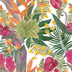 Fototapeta na wymiar Watercolor seamless pattern with beautiful exotic flowers. Hand painting floral tropical bouquet