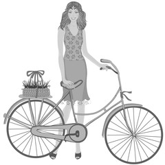 Summer girl and bike black-white