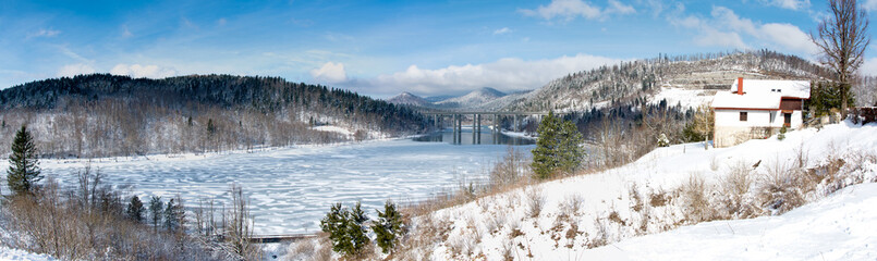 winter panorama in Croatia, frozen lake in Fuzine