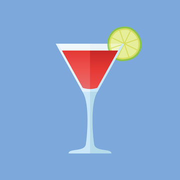 Glass of cosmopolitan cocktail with lime slice isolated on blue background. Flat style icon. Vector illustration.
