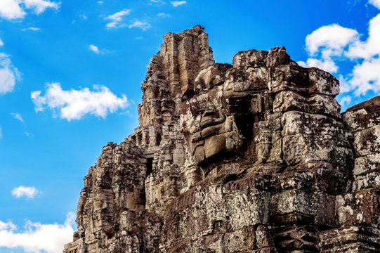 Bayon Temple with giant stone faces, Angkor Wat, Siem Reap, Cambodia.