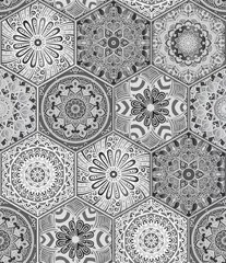 Tapeten Portugal Keramikfliesen Orientalisches nahtloses Muster im Stil von buntem floralem Patchwork-Boho-Chic mit Mandala in Sechseck-Elementen