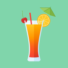 Glass of tequila sunrise cocktail with orange slice and cherry isolated on green background. Flat style icon. Vector illustration.