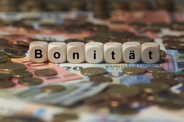 bonität - Holzwürfel mit Buchstaben im Hintergrund mit Geld, Geldscheine - obrazy, fototapety, plakaty