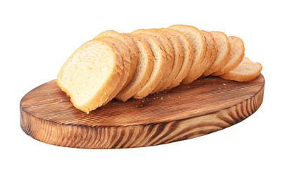 Sliced fresh bread on wooden cutting board on white background