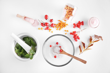 Natural ingredients for homemade cosmetics on white background