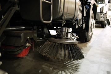 Part of municipal car  for cleaning roads and sidewalks, closeup