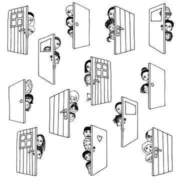 Funny and cute hand drawn illustration of various people and children hiding behind doors, or opening doors to welcome guests