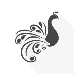 Stylized silhouette of a peacock - vector icon with long shadow