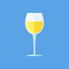 Glass of white wine isolated on blue background. Goblet flat style icon. Vector illustration.