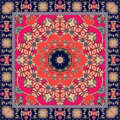 Beautiful bandana or square rug with stylized red flower and ornamental border.