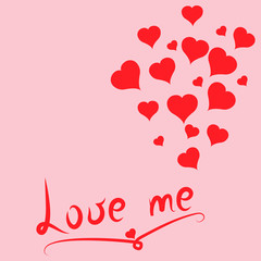 Love Me postcard with red hearts. Valentine's day. Pink background. Vector illustration