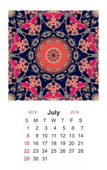 Calendar for 2018 year on indian ornamental background. Mandala pattern. Week starts on sunday. Vintage design. July.