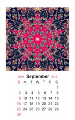 Calendar for 2018 year on indian ornamental background. Mandala pattern. Week starts on sunday. Vintage design. September.