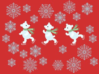 Christmas  pattern with cute cartoon polar bears on skates and silver snowflakes on red background.