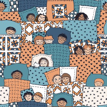 Cute seamless pattern with sleeping kids, funny hand drawn doodle faces and blankets