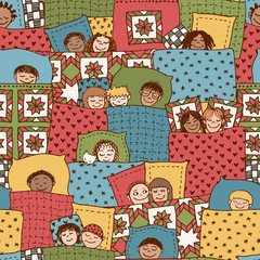 Cute seamless pattern with sleeping kids, funny hand drawn doodle faces and blankets