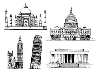 Taj Mahal, Capitol Building, Elizabeth Tower (Big Ben), Tower of Pisa, Lincoln Memorial vector illustration isolated on white background. India, United States of America, England, Italy