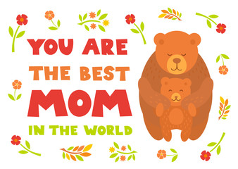Cartoon Forest Animals Parent with Baby Mother's Day Card. Brightly colored childish animals. Mothers and children. Vector illustration. Cute animals for Mother's Day. Mother  and baby bear