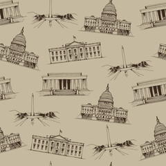United States of America landmarks, popular places vector seamless pattern on beige background