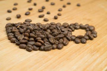 Coffee mug of coffee beans on wooden Board