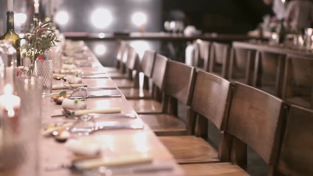 beautiful serving exquisite dinner table for elegant banquet with candles . catering.