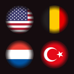 Circle flags, isolated on black background, vector illustration.