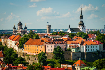 View of the Old Town of Tallinn from St. Olaf's Church Tower in sunny day. Tallinn, Estonia.