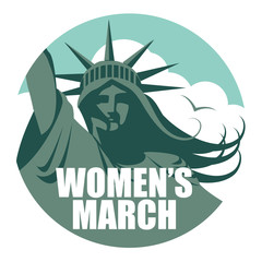 Statue of Liberty women's march icon super woman. Liberty stands in her superhero cape while looking over the city. 