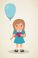Romantic card for Valentines Day. Loving girl in smart dress turquoise dress with long hair, smiling girl with heart in his hands and balloon on light background, vector illustration