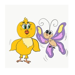 yellow chick and butterfly