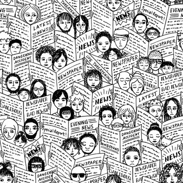 Bad news! Seamless pattern with diverse people, adults and children, reading newspapers, with shocked, fearful and sad facial expressions