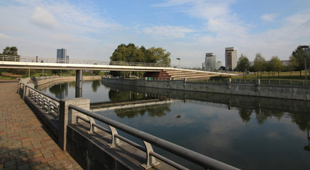 Fototapeta premium Panorama of the city of Minsk,the bridge across the river,Byelorussia,Minsk