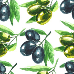 Watercolor illustration. Olive branch. Seamless pattern.