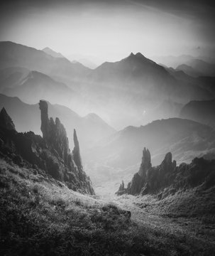 Fototapeta Carpathian morning hills. Black and white