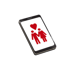 Flat vector image of a couple and a heart on a  smart phone screen