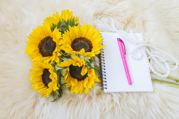 Sunflowers and notebook on fur background.