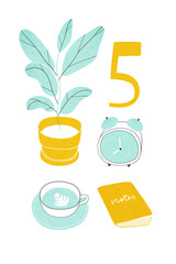 Plant in the pot, cup of coffee, notebook and alarm clock. Hand drawn modern illustration on the white background