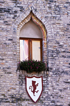 Window decorated Venetian style for a historical re-enactment. Italy.