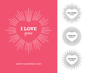 Valentine's day card with heart shaped frame and sunburst
