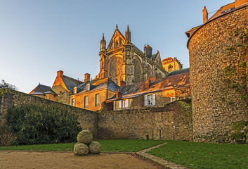 Saint Julian of Le Mans Cathedral in morning lights seen from the east, from Robert Triger Street, Pays de la Loire.    - obrazy, fototapety, plakaty
