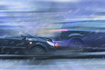 Car accident on the move with a strong blurring