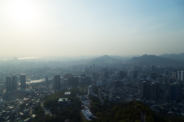Hazy day at the downtown in Seoul, South Korea, viewed from above. Copy space.